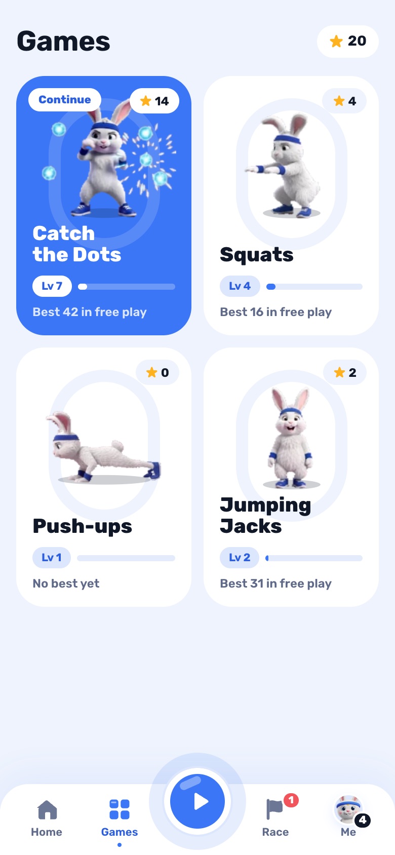 Reps Race Games tab showing Catch the Dots, Squats, Push-ups and Jumping Jacks