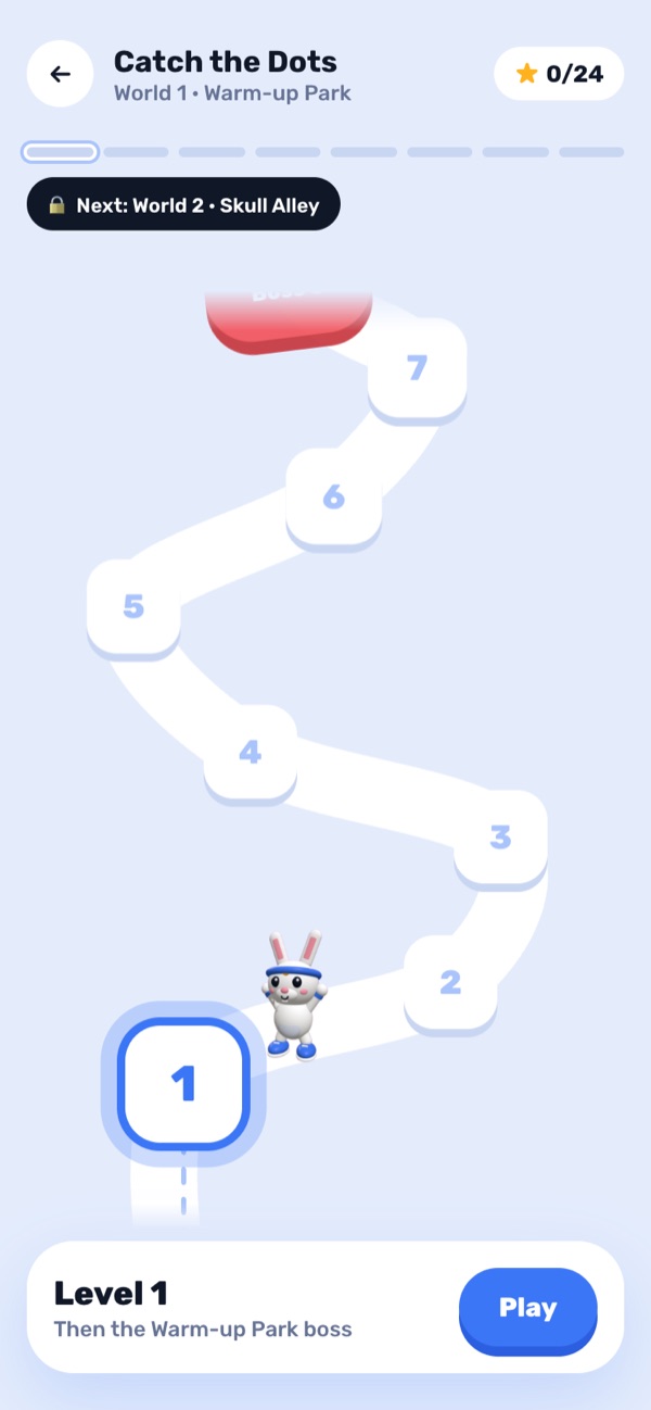 Catch the Dots map, World 1 Warm-up Park, with Hop on level 1