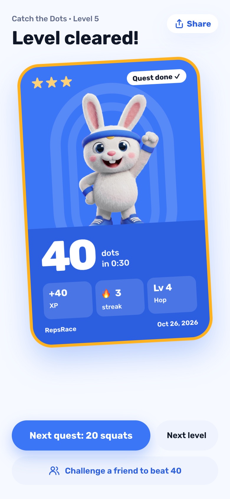 Reps Race round results screen showing stars earned, rep combo and XP