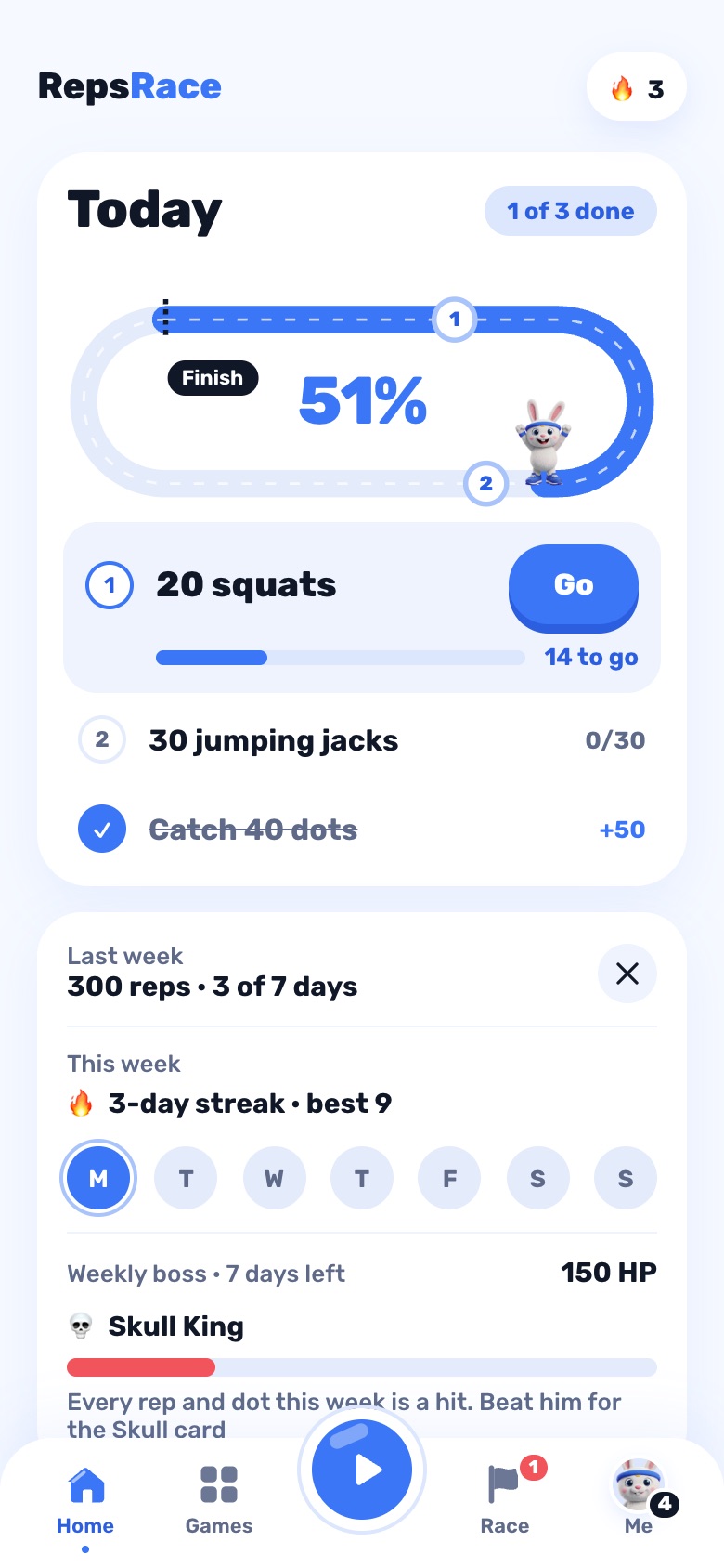 Reps Race Home screen showing today's three quests and streak