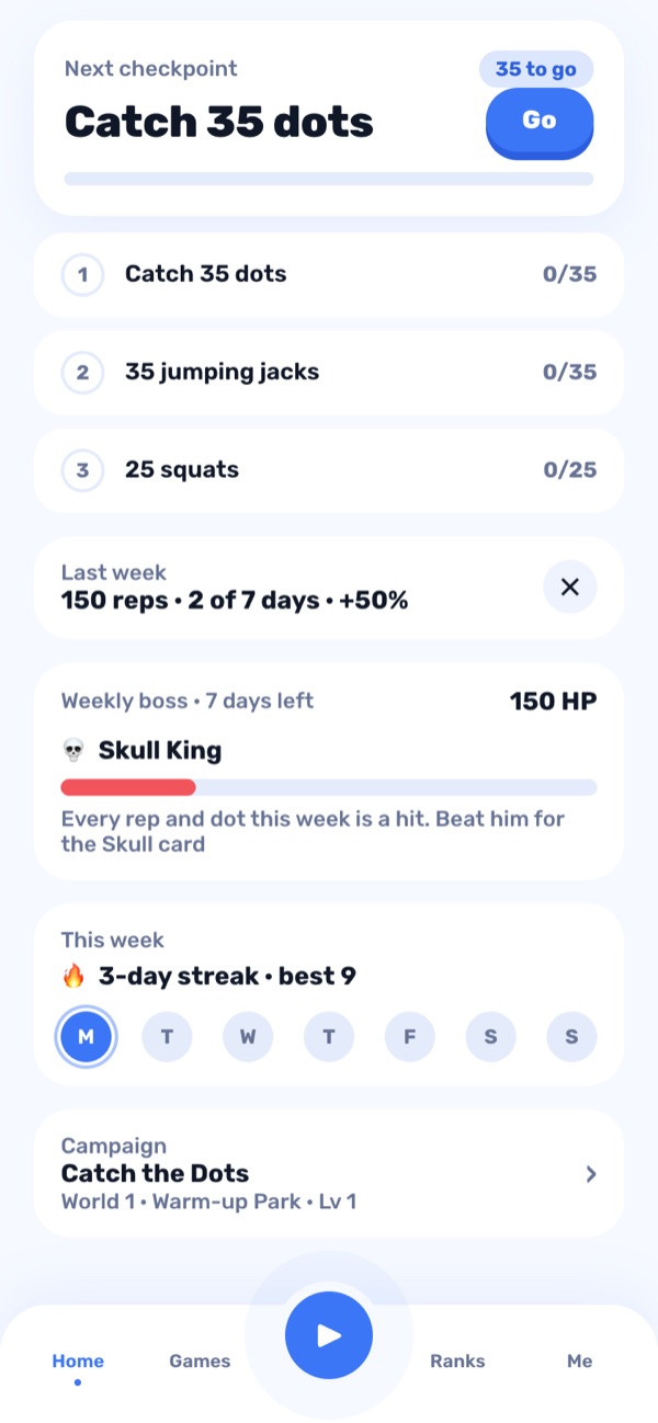 Home: three quests, the Skull King weekly boss at 150 HP, and a 3-day streak